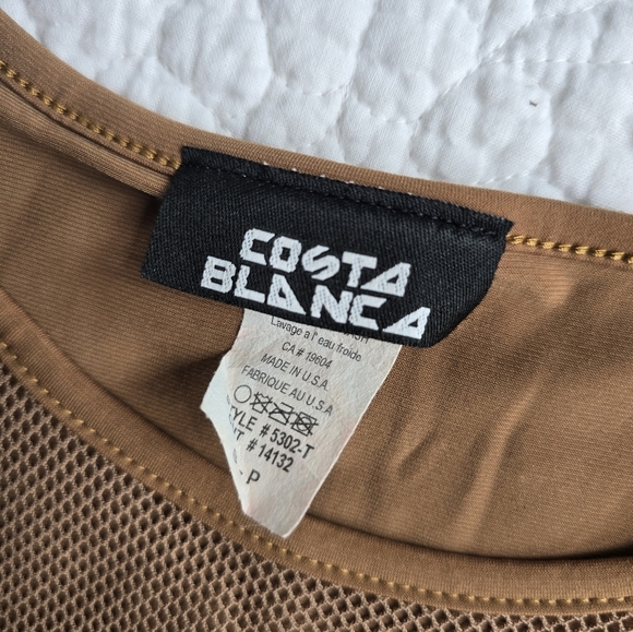 Vintage Costa Blanca Honey Brown Mustard Mesh Fishnet Panel Cap Sleeve Top - Picture 4 of 11
